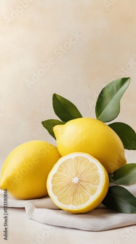 Fresh lemons arranged with leaves on a soft background showcasing natural col...