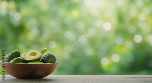 Fresh avocados on wooden table with green blurred background in a natural set...