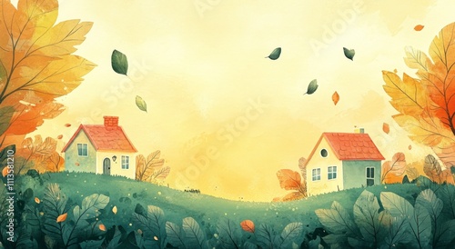 Autumn landscape with two cozy houses and colorful leaves floating in the breeze