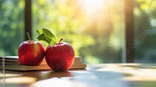 Freshly picked red apples resting on a wooden table in bright sunlight by the...