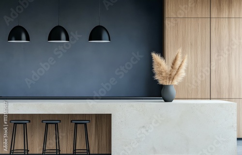 Modern minimalist kitchen interior with stylish bar and decor features