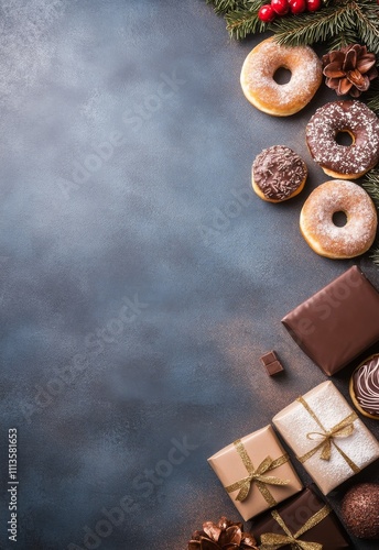 Delicious donuts and festive decorations on blue background for holiday celeb...