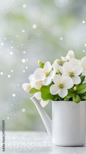 Fresh white flowers in a watering can against a blurred background of soft light