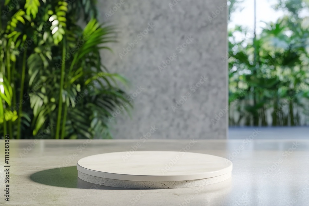 A minimalist display platform surrounded by lush greenery. A minimalist display platform surrounded by lush greenery.