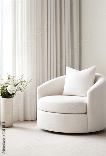 Modern lounge chair with decorative plant in bright minimalistic living room ...