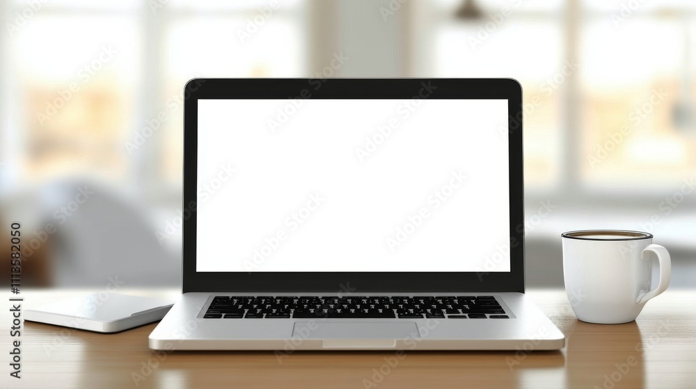 Fototapeta premium Workspace with a laptop and coffee cup in a bright, modern environment during daytime hours