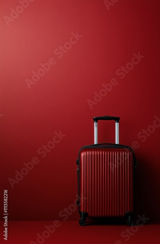 Red suitcase against a solid red background in a minimalist setting