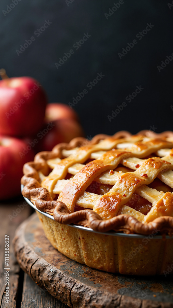 Rustic Homemade Apple Pie: Golden Crust on Dark Background - Perfect for Culinary Blogs and Seasonal Promotions Rustic Homemade Apple Pie: Golden Crust on Dark Background - Perfect for Culinary Blogs and Seasonal Promotions