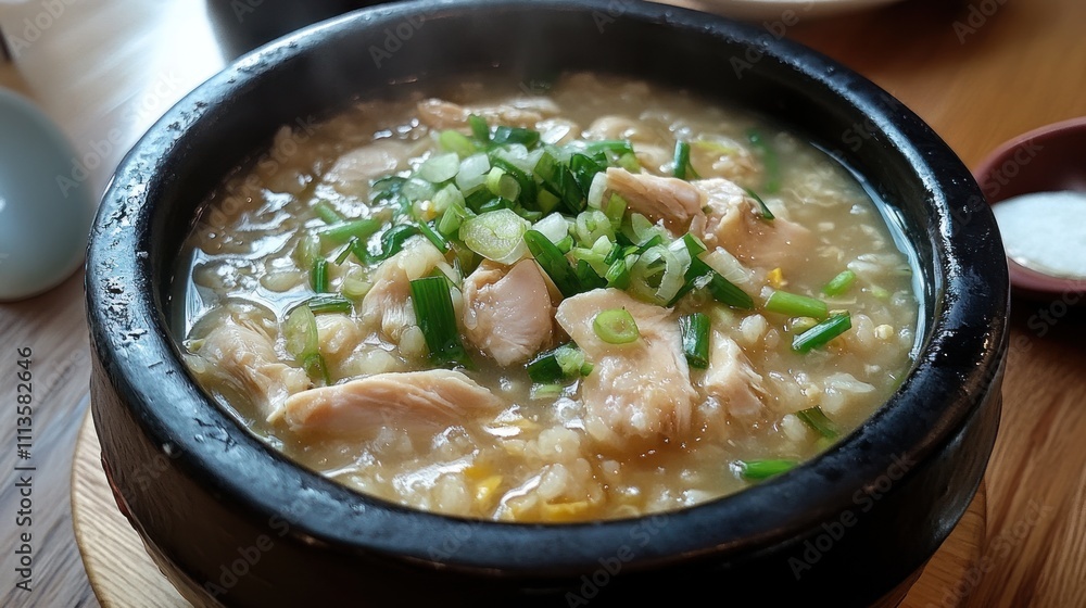Delicious and Aromatic Chicken Congee in a Stone Bowl Delicious and Aromatic Chicken Congee in a Stone Bowl