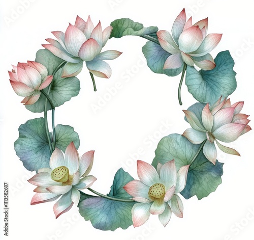 Beautiful lotus flower wreath with soft pastel colors and serene design