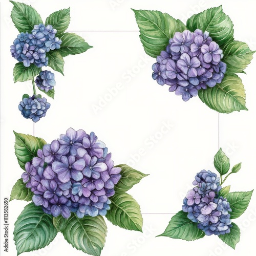 Beautiful watercolor illustration of hydrangea flowers arranged in a decorati...