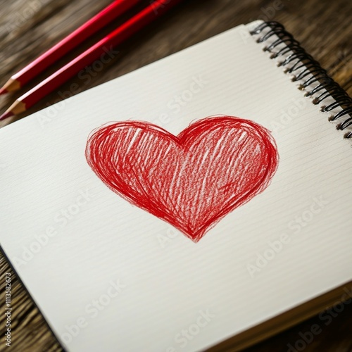 Simple heart drawing on blank notebook page with colored pencils ready to use