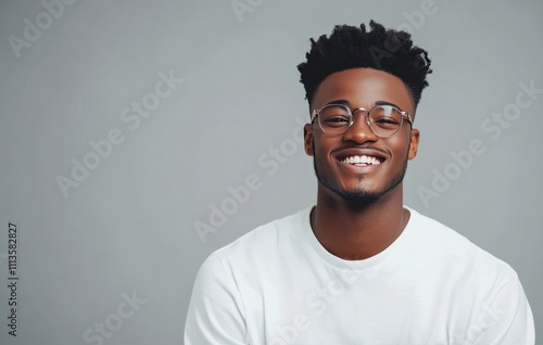 Smiling man dressed in white shirt with relaxed pose against gray background