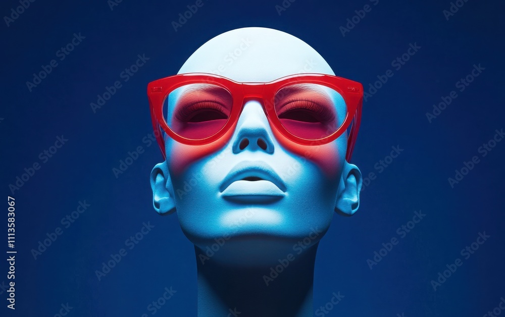 A hyper-realistic image of a white mannequin head adorned with oversized red glasses, perfectly positioned in front of a bright dark blue background A hyper-realistic image of a white mannequin head adorned with oversized red glasses, perfectly positioned in front of a bright dark blue background