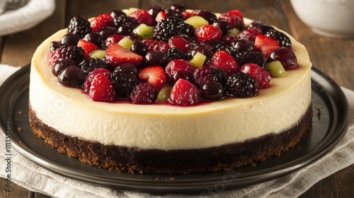 Wallpaper Mural Delicious gourmet cheesecake adorned with a variety of fresh berries, showcasing vibrant colors on a wooden surface Torontodigital.ca