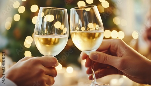 Friends gather around the table to celebrate the holidays with glasses of wine
