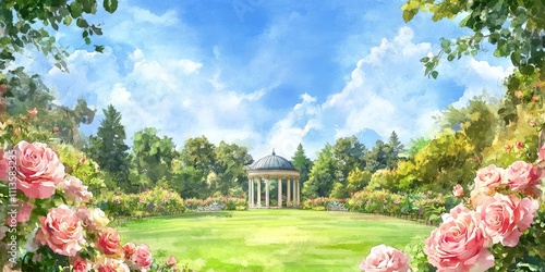 Vibrant garden landscape featuring a gazebo surrounded by blooming roses unde...