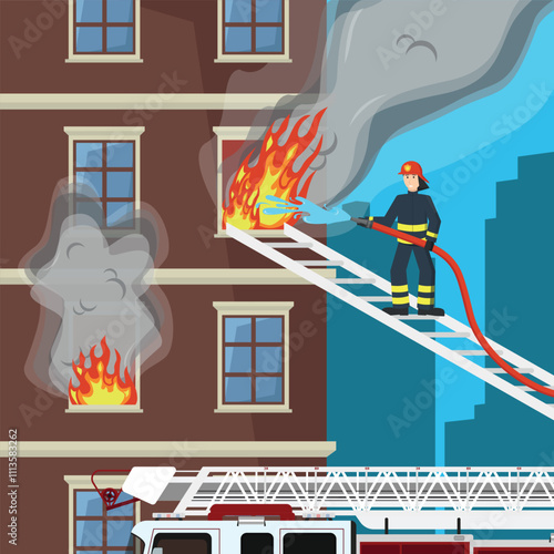 Firefighter extinguishes fire in multi-storey building.
Firefighting concept. Rescue operation. 