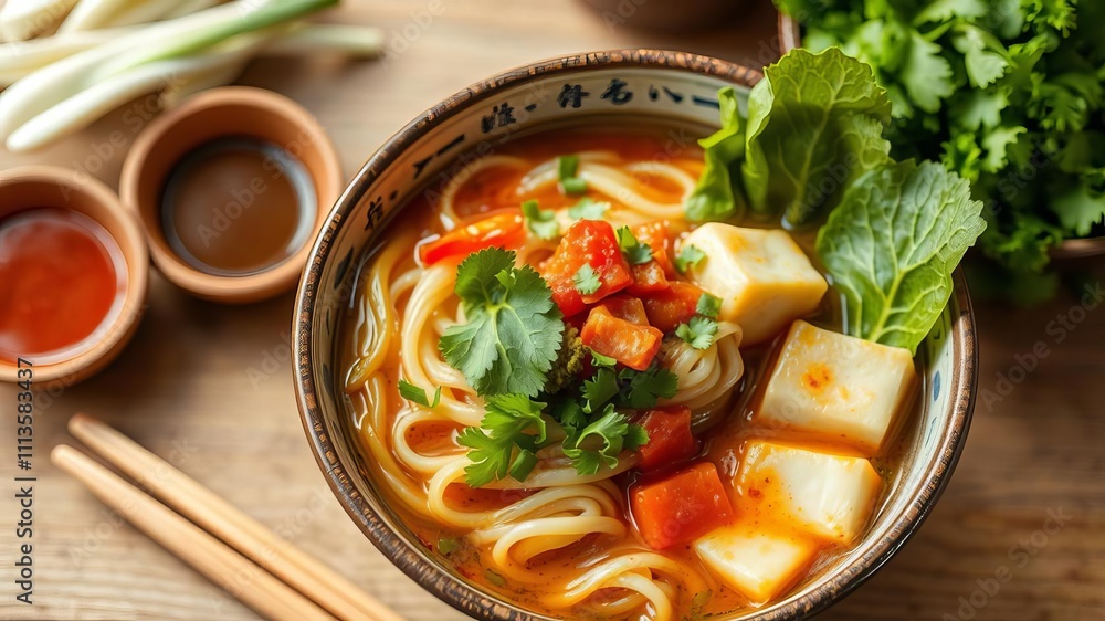 A delicious and nutritious Asian tofu soba noodle bowl with fresh vegetables and a savory sauce, homemade, delicious A delicious and nutritious Asian tofu soba noodle bowl with fresh vegetables and a savory sauce, homemade, delicious