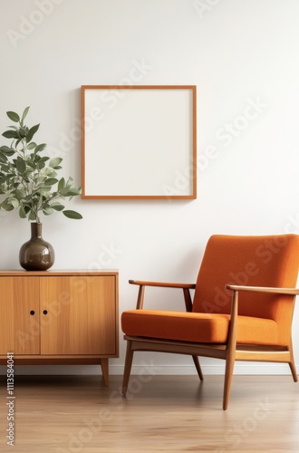 Stylish modern living room with wooden furniture and empty frame for artwork
