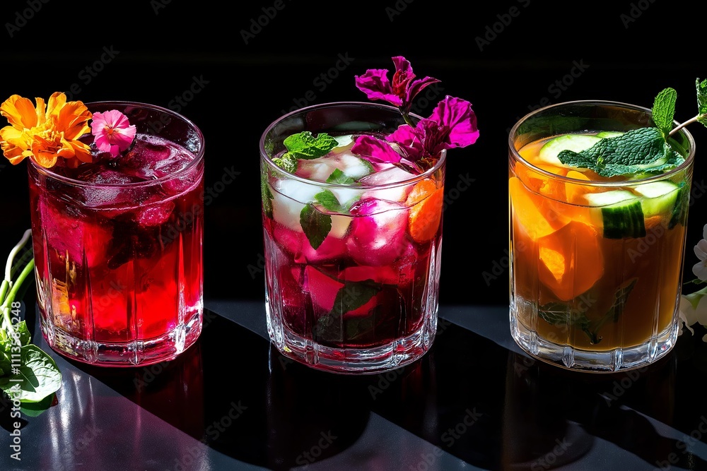 A colorful trio of fresh-pressed juices: beetroot, carrot-orange, and green apple-ginger A colorful trio of fresh-pressed juices: beetroot, carrot-orange, and green apple-ginger