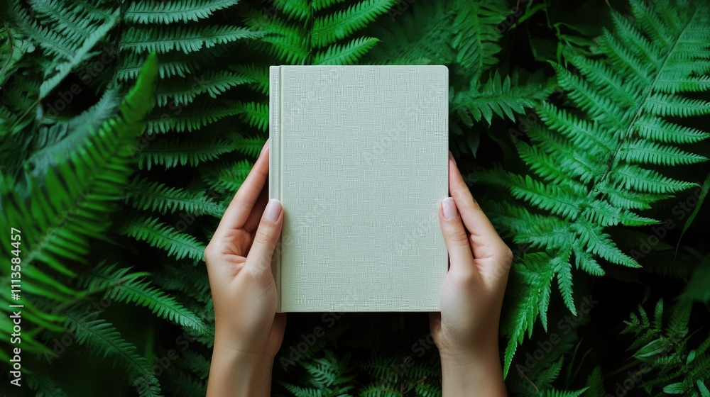 A person holds a blank notebook amidst lush green ferns, symbolizing creativity and nature. A person holds a blank notebook amidst lush green ferns, symbolizing creativity and nature.