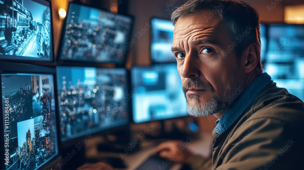 Security Operator Monitoring City Surveillance Cameras Night Shift Control Room Security Operator Monitoring City Surveillance Cameras Night Shift Control Room