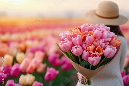 Young woman with bouquet of tulips in vibrant flower field during sunny sprin...