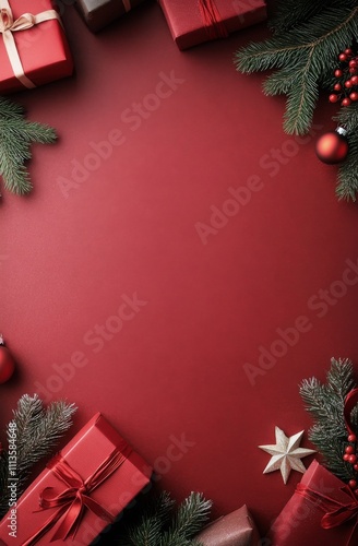 Festive decorations with gifts and greenery on a red background for holiday c...