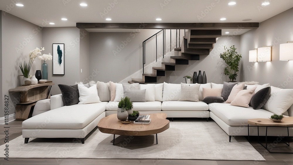 A high-angle image of a newly remodelled basement featuring modern features like a gray-toned wood-look floor and a huge white sectional sofa A high-angle image of a newly remodelled basement featuring modern features like a gray-toned wood-look floor and a huge white sectional sofa