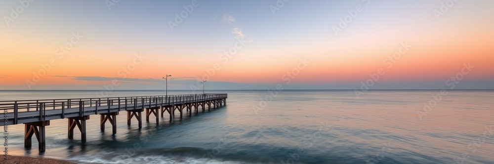 Fototapeta premium A picturesque pier over clear waters elegantly framed by a sunset with the tranquil sea reflecting the colorful sky, nature, pier