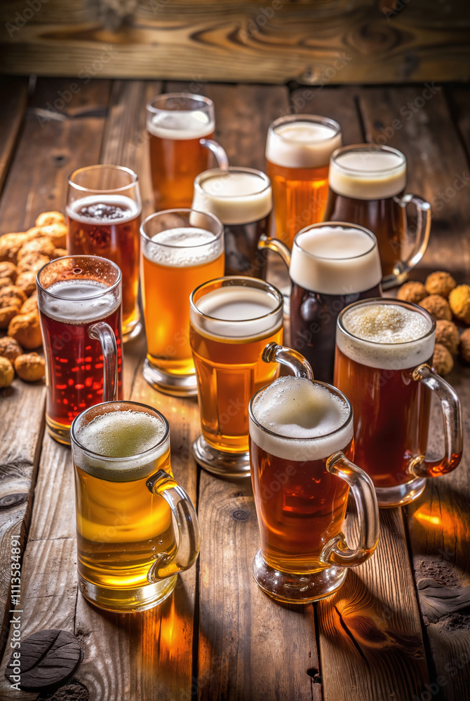 Assorted glasses of beer on rustic wooden table Assorted glasses of beer on rustic wooden table
