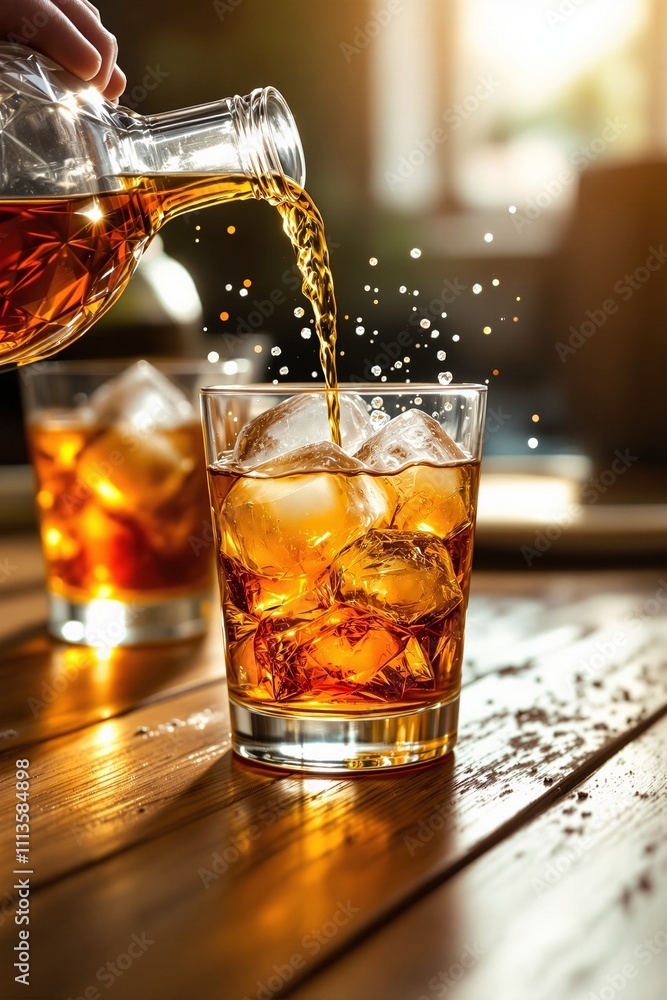 Refreshing Pour of Whiskey Over Ice in a Sunlit Setting Refreshing Pour of Whiskey Over Ice in a Sunlit Setting