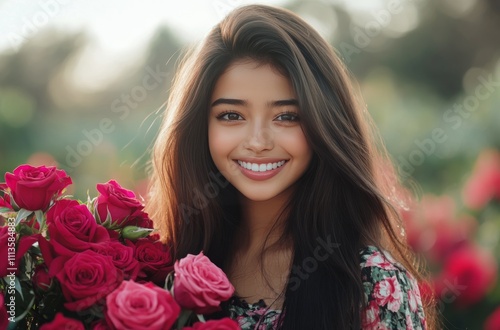Young woman holding vibrant roses in a sunny garden during afternoon light