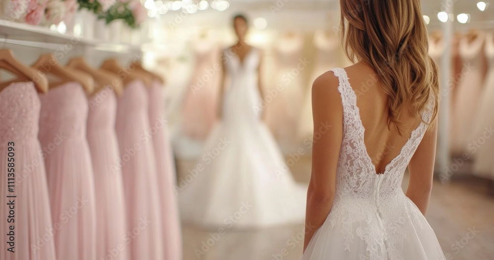Naklejka premium Stunning bride stands with bridesmaids in soft pastel dresses in a bridal shop setting