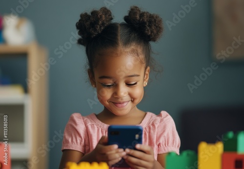 Smiling girl interacting with smartphone while playing with colorful building...