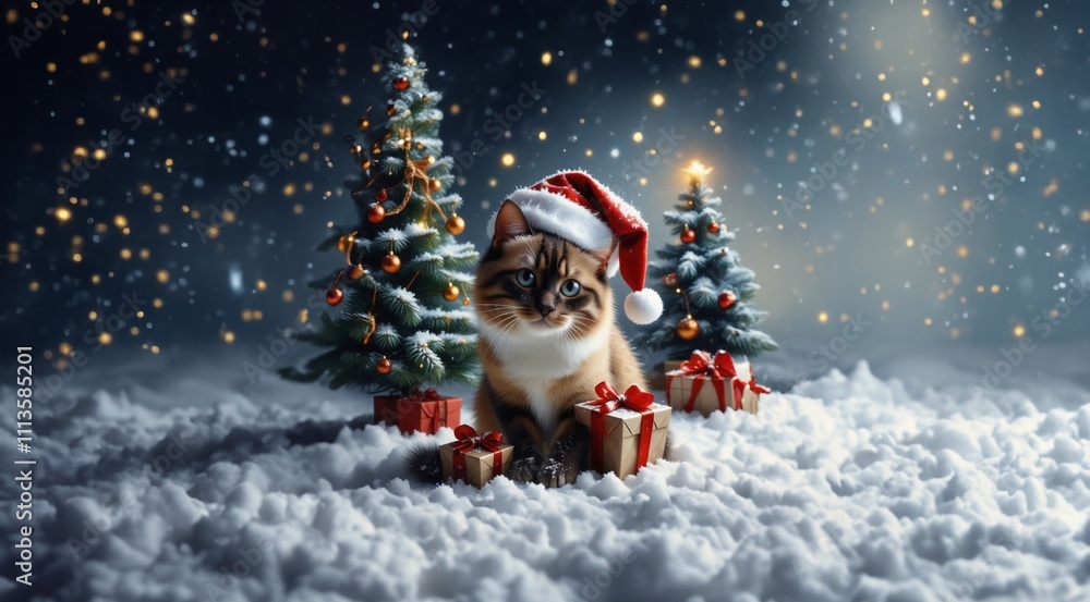 Fun Cat in Santa hat on Christmas tree. Funny Cat in Santa hat with Christmas gift on winter snow greeting card. Cat in Christmas Santa hat near Christmas tree on snow winter outdoor. New Year banner. Fun Cat in Santa hat on Christmas tree. Funny Cat in Santa hat with Christmas gift on winter snow greeting card. Cat in Christmas Santa hat near Christmas tree on snow winter outdoor. New Year banner.