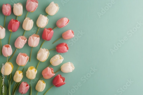 Colorful bouquet of tulips arranged on a soft blue background in spring