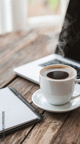 Warm coffee cup on a wooden table next to a laptop and notebook in a cozy ind...