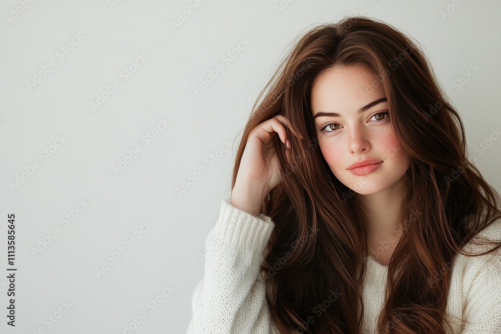 Young woman with long hair poses gracefully against a light background in a cozy sweater Young woman with long hair poses gracefully against a light background in a cozy sweater
