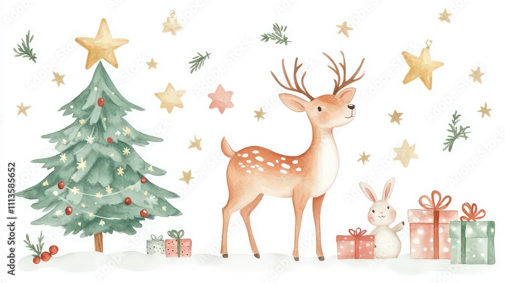 Hand drawn watercolor deer with a rabbit. Funny Xmas characters clip art. Christmas card design. Isolated on white Cute childish characters. Hand drawn watercolor deer with a rabbit. Funny Xmas characters clip art. Christmas card design. Isolated on white Cute childish characters.