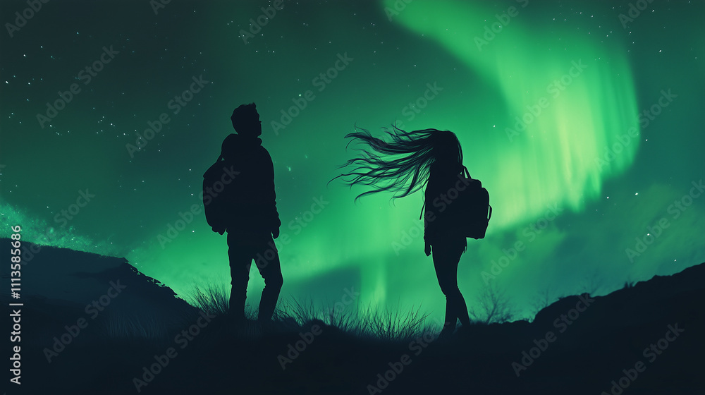 Couple, boy and girl, man and woman against the northern lights, aurora borealis. Space background, romantic art Couple, boy and girl, man and woman against the northern lights, aurora borealis. Space background, romantic art