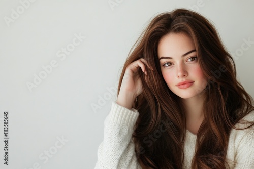 Young woman with long hair poses gracefully against a light background in a c...