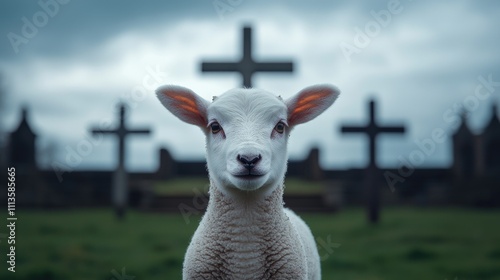 Lamb standing amidst graveyard crosses enigmatic scene rural landscape dramatic sky animal symbolism for reflection photo