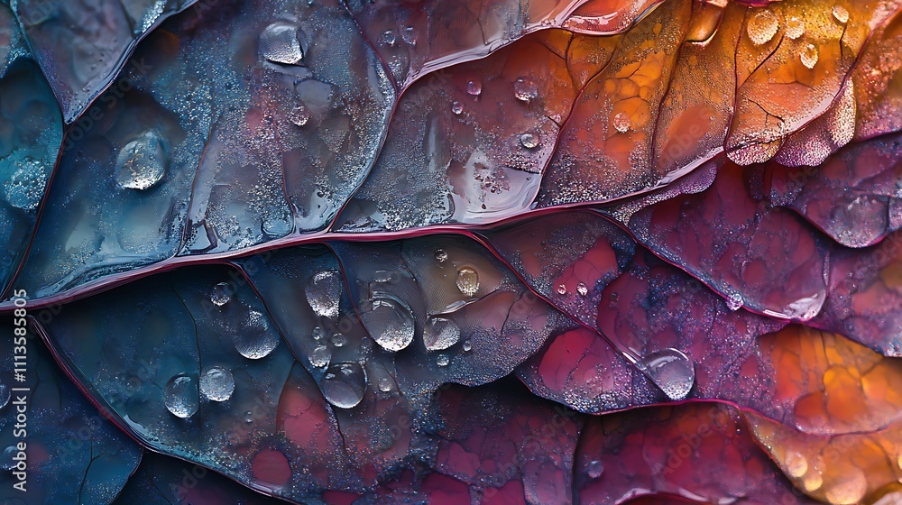 Fototapeta premium Abstract Leaf Texture With Dew Drops And Vibrant Colors
