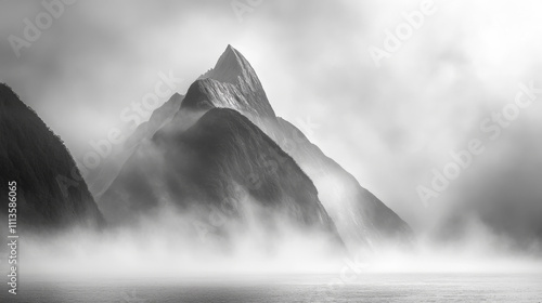 Mysterious landscape of Milford Sound or Rahotu with Mitre peak in foggy on the lake during the morning at Fiordland national park, New Zealand photo