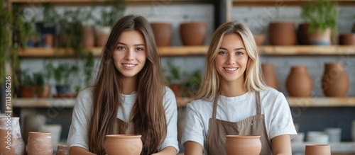 Young women engaged in pottery making at a creative studio with various clay ...