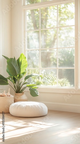 Bright and peaceful indoor space with a plant and cushion near a window