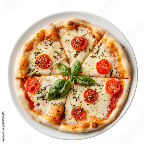 Delicious Margherita Pizza with Fresh Basil and Tomato Slices on a White Plate - Perfect for Italian Cuisine and Food Photography