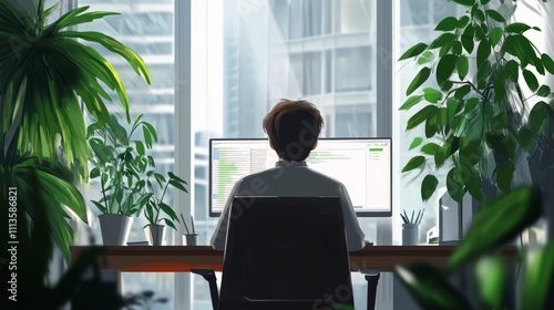 Individual working at a desk surrounded by plants in a modern urban office se...
